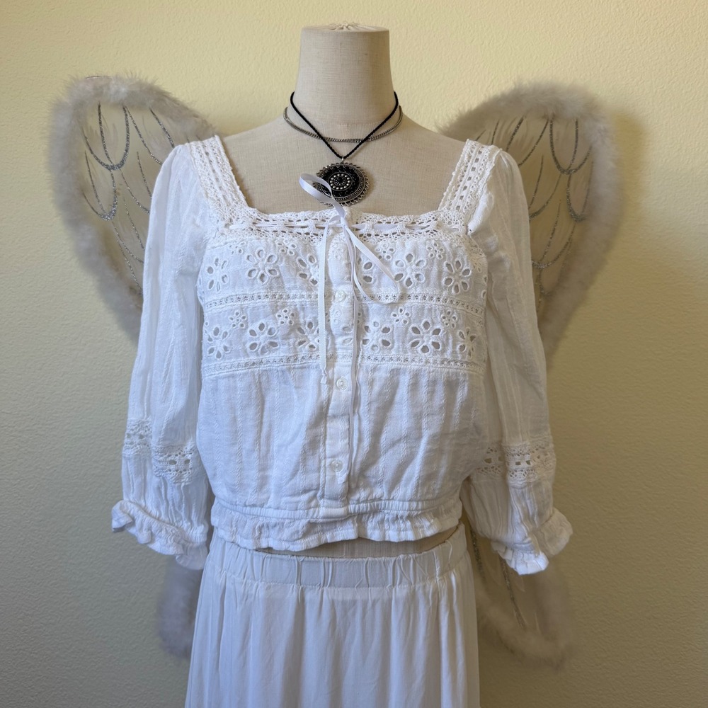 White Eyelet Lace Boho Peasant Blouse Square Neck Button Front Long Sleeve Top
